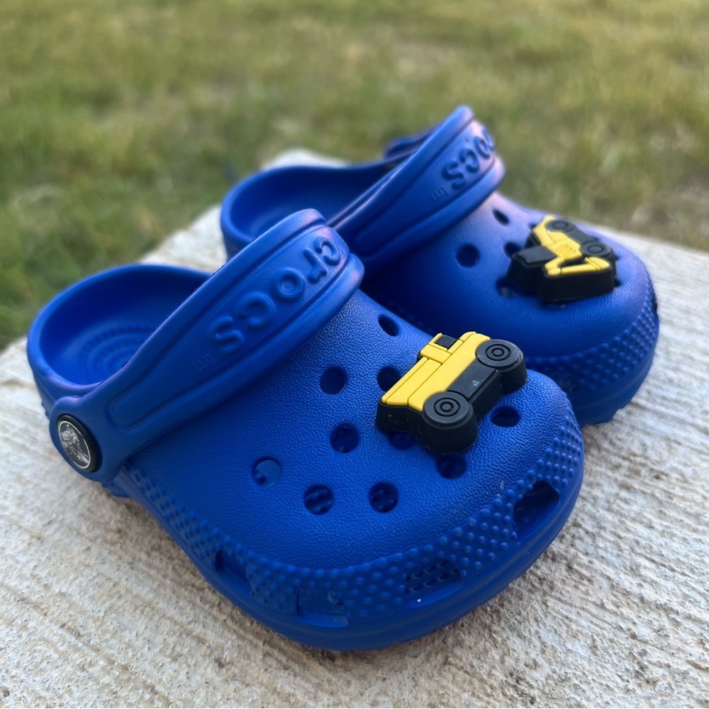 CROCS Kids Blue Slippers with Yellow Truck Charm
